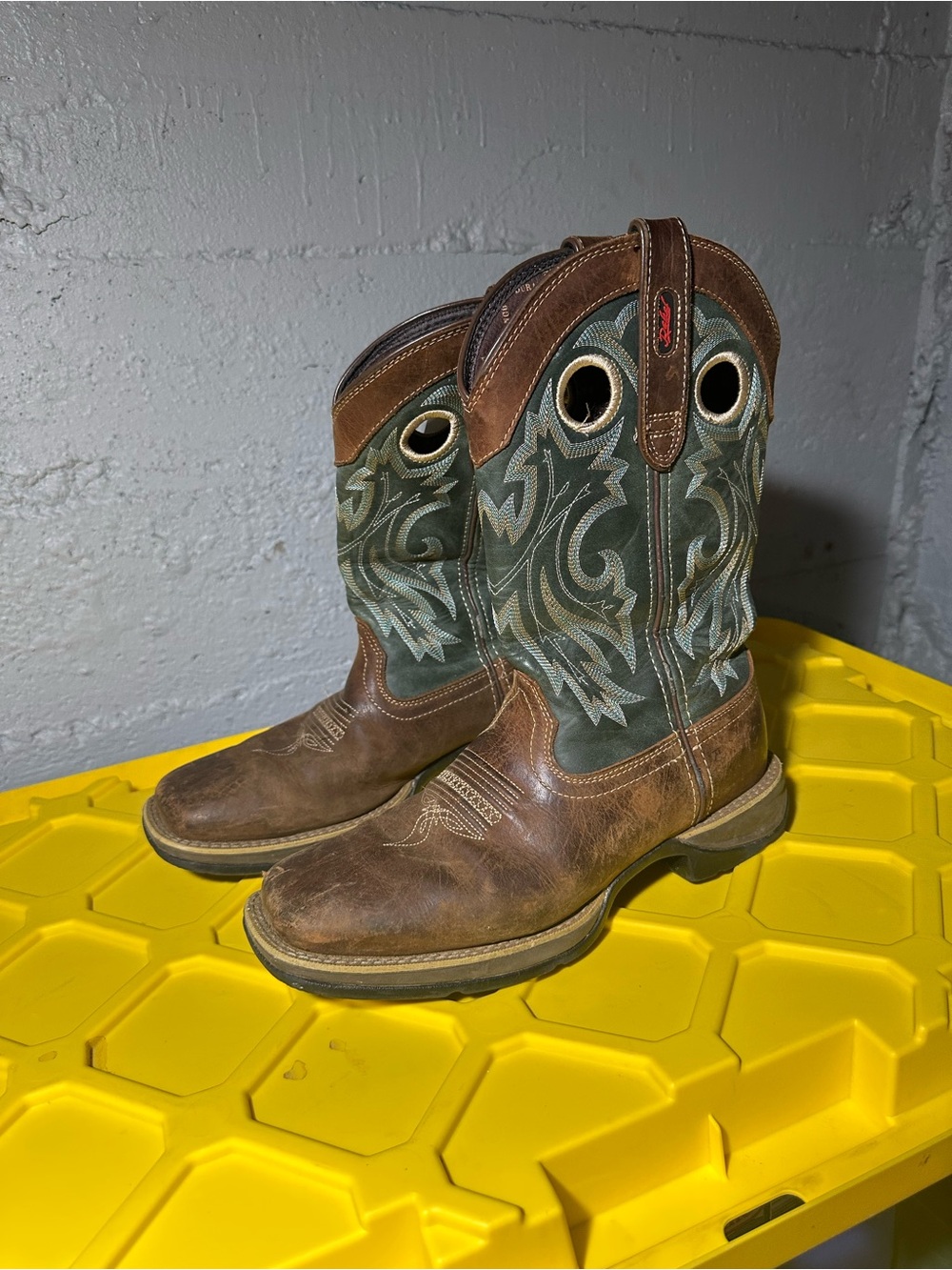 Men's Brown and Green Western Work Boots